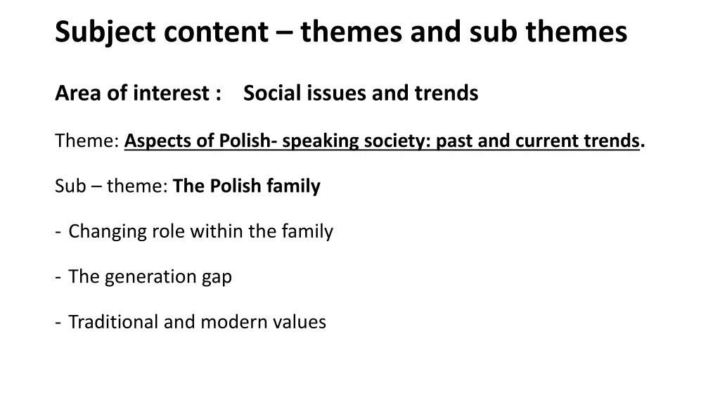 subject content themes and sub themes