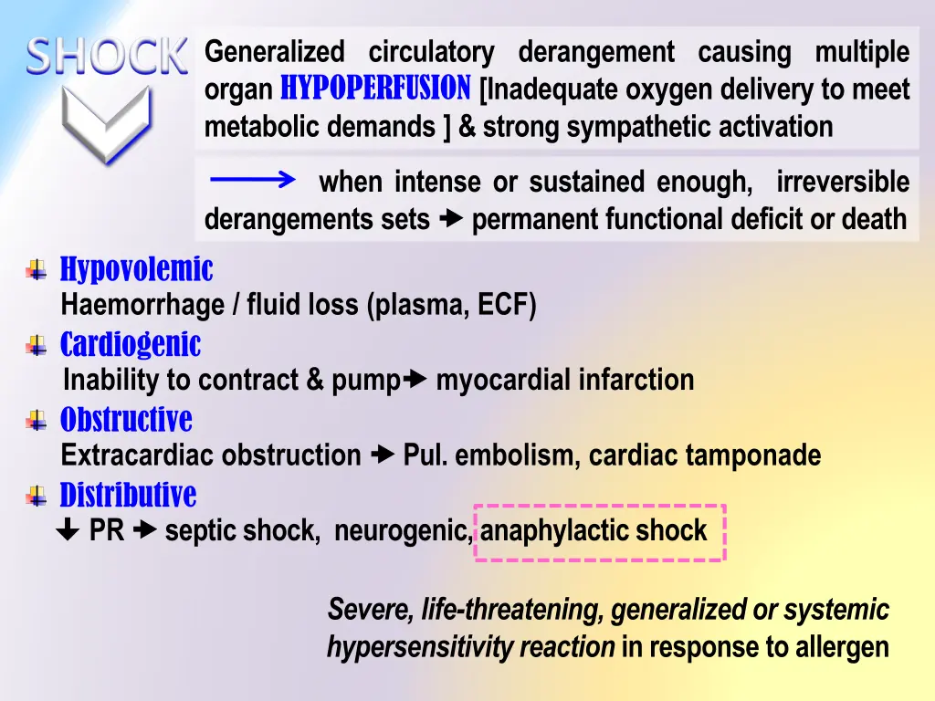 shock generalized circulatory derangement causing