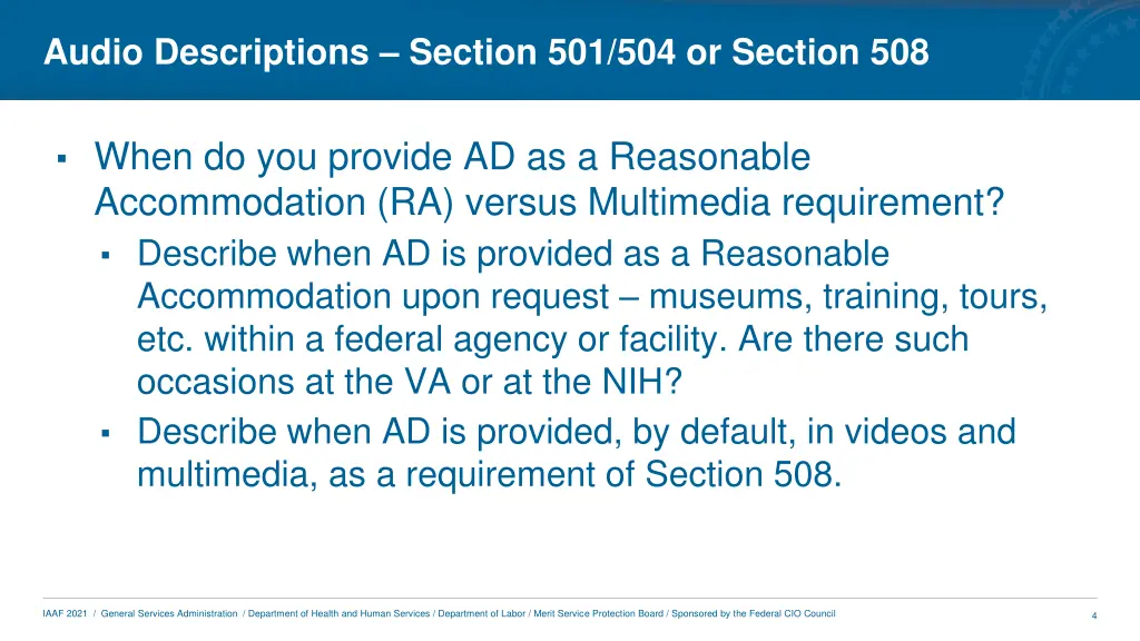 audio descriptions section 501 504 or section 508