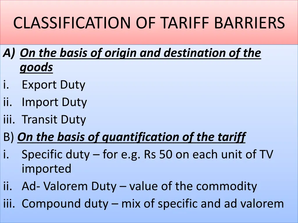 classification of tariff barriers