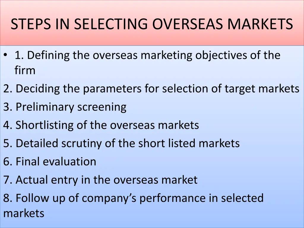 steps in selecting overseas markets