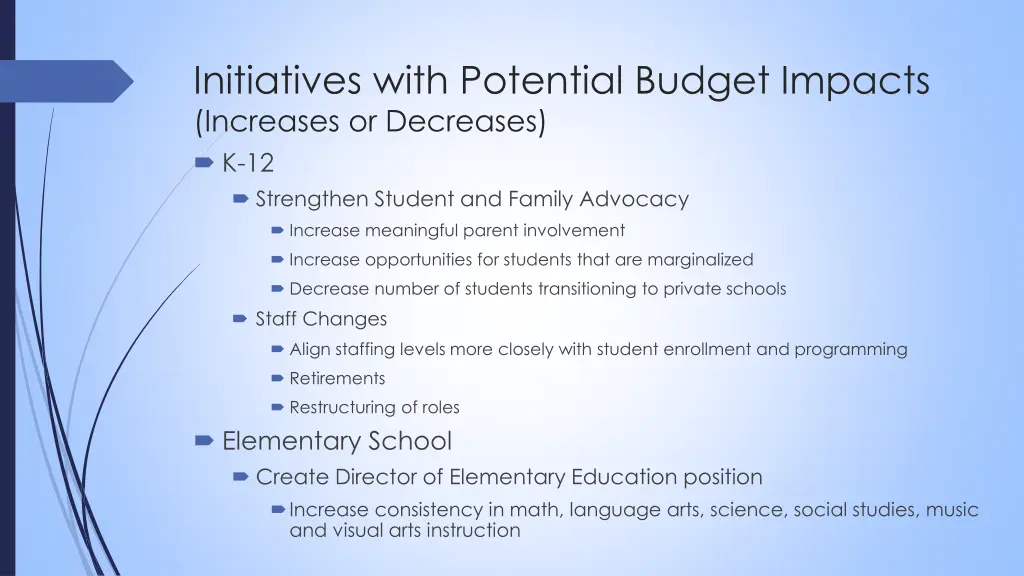 initiatives with potential budget impacts