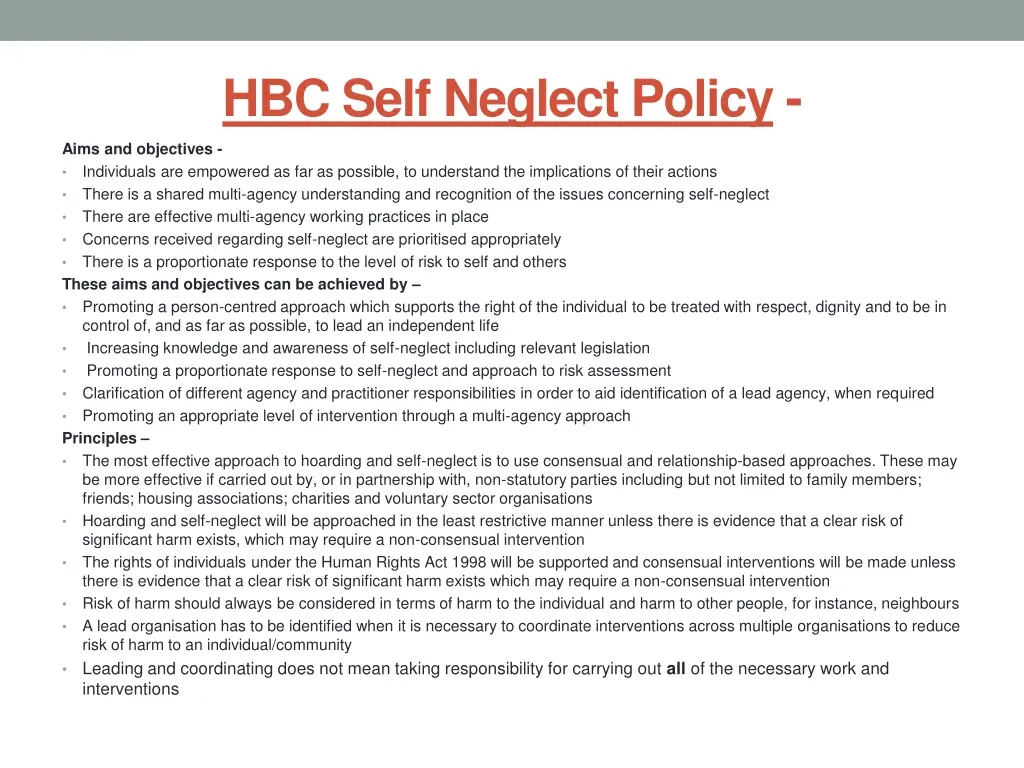 hbc self neglect policy