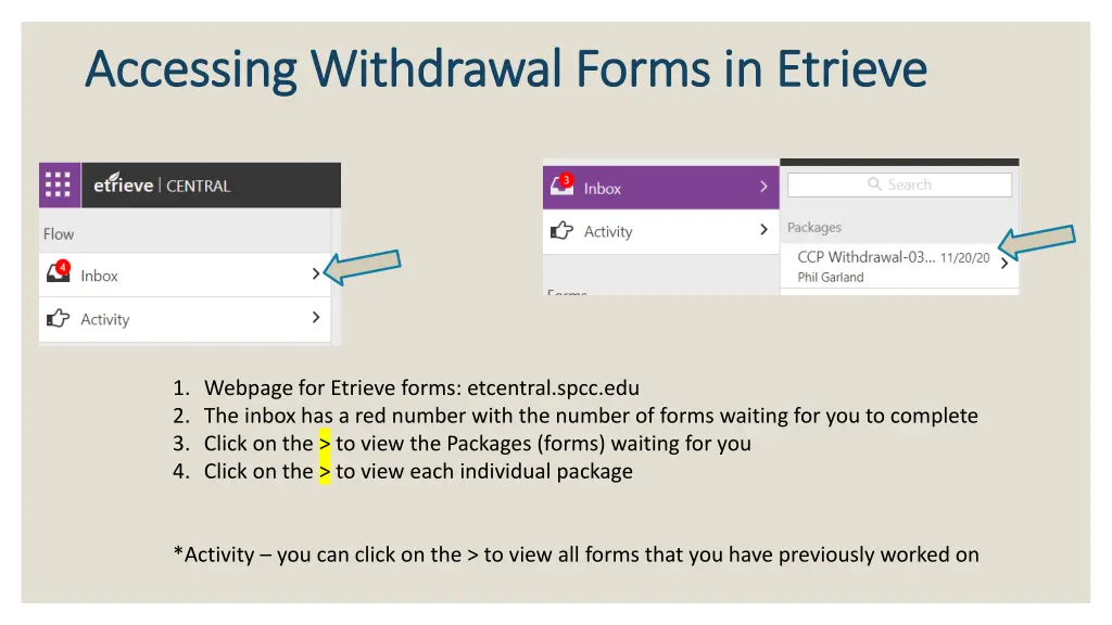 accessing withdrawal forms in etrieve accessing