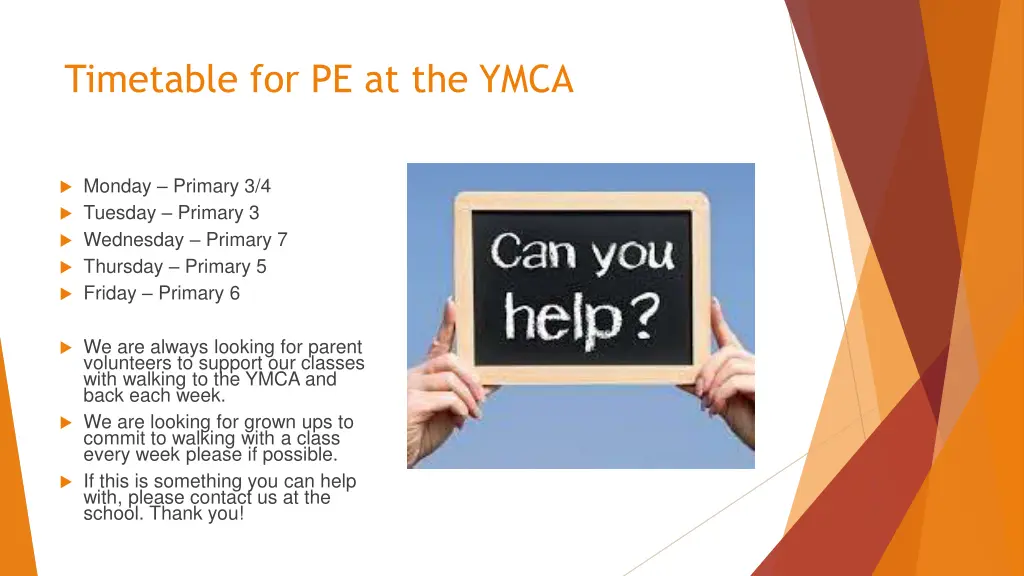 timetable for pe at the ymca