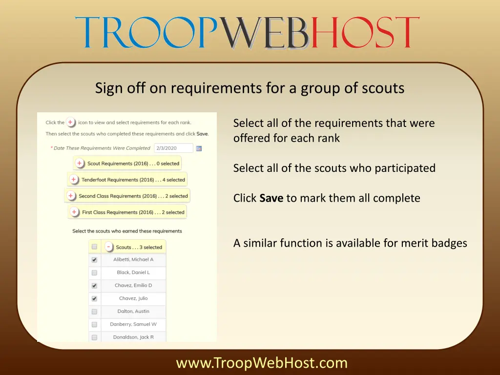 sign off on requirements for a group of scouts