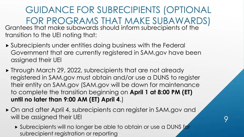 guidance for subrecipients optional for programs