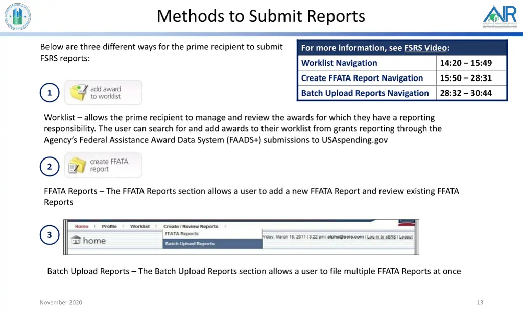 methods to submit reports