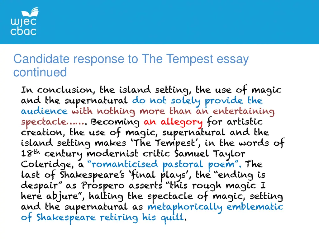 candidate response to the tempest essay continued