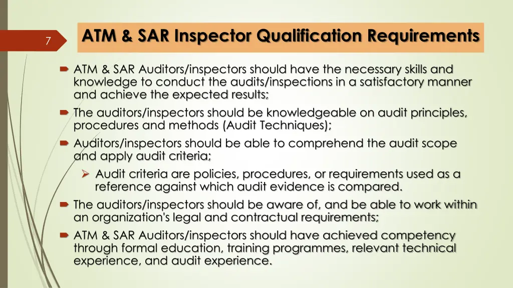 atm sar inspector qualification requirements