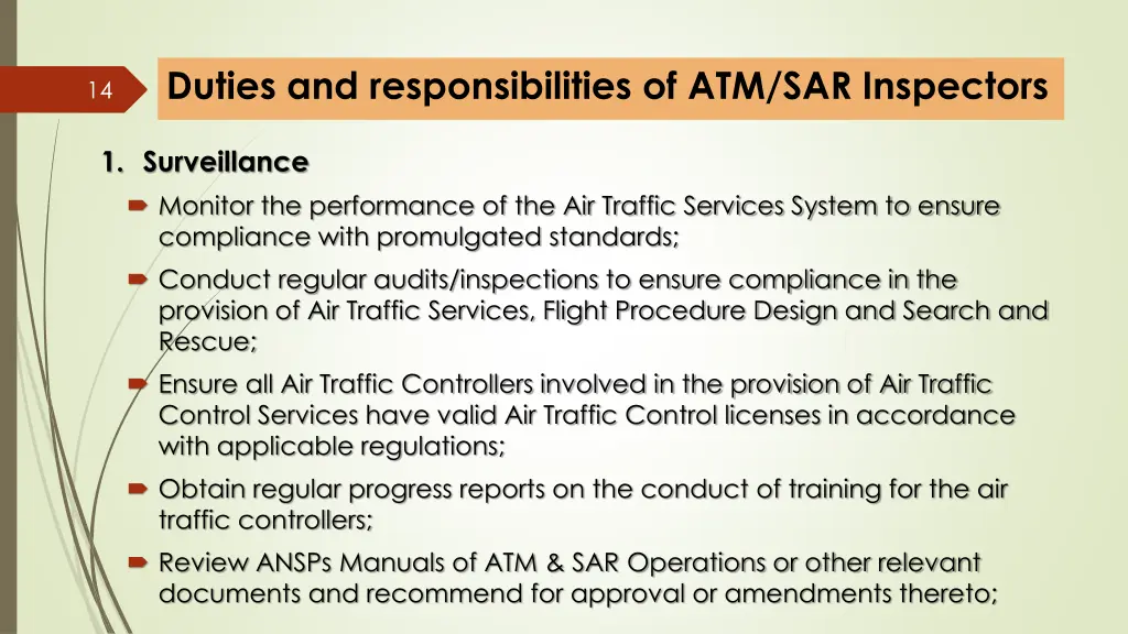 duties and responsibilities of atm sar inspectors