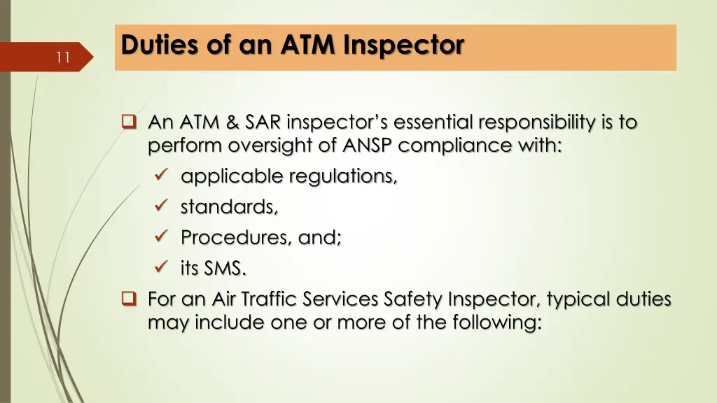 duties of an atm inspector