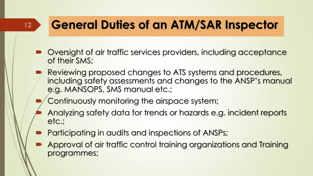 general duties of an atm sar inspector