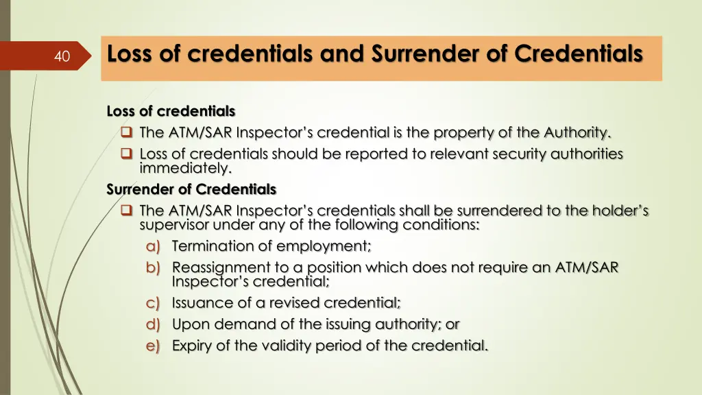 loss of credentials and surrender of credentials