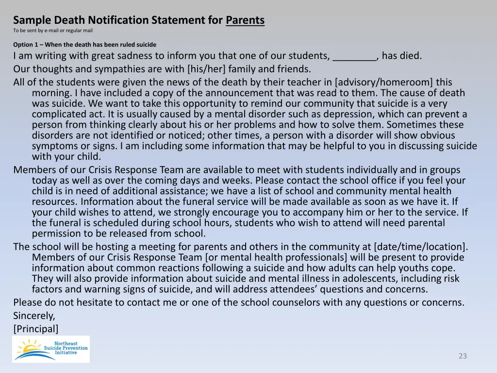 sample death notification statement for parents