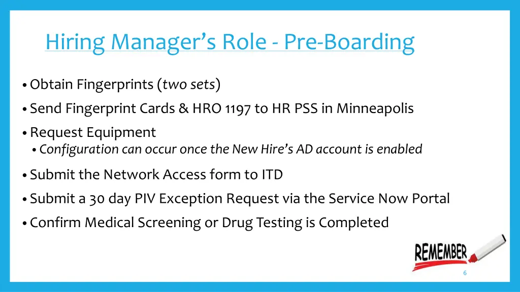 hiring manager s role pre boarding