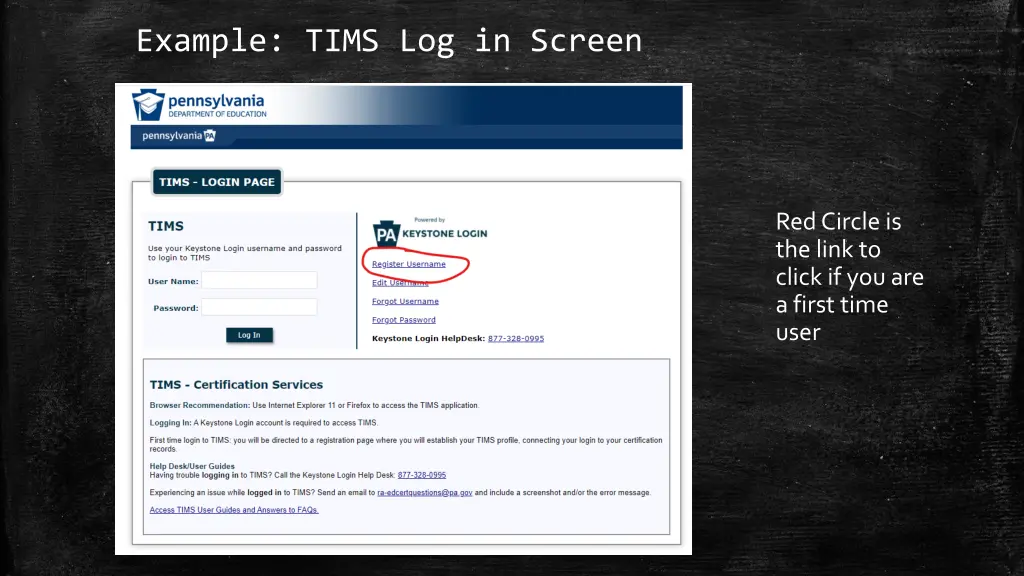 example tims log in screen