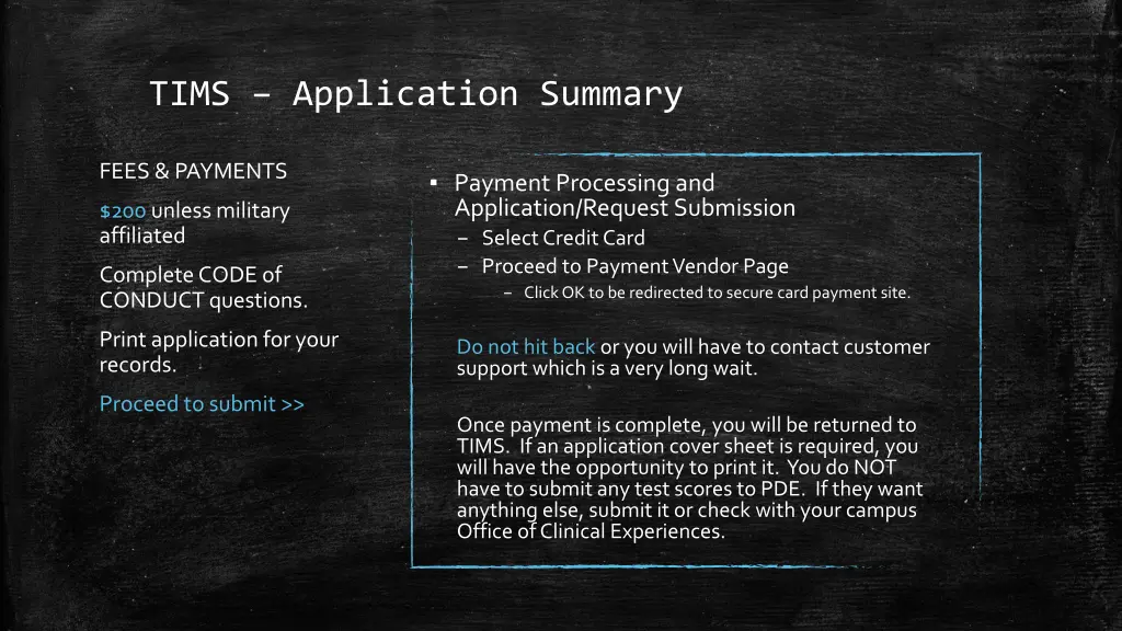 tims application summary