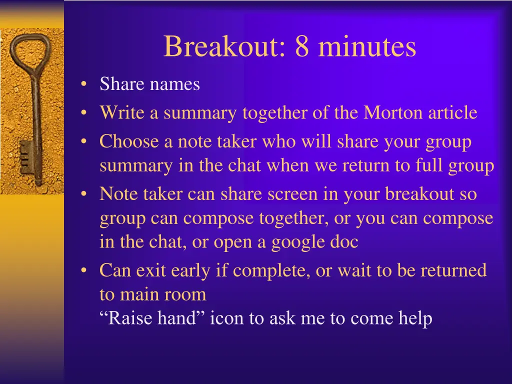 breakout 8 minutes share names write a summary