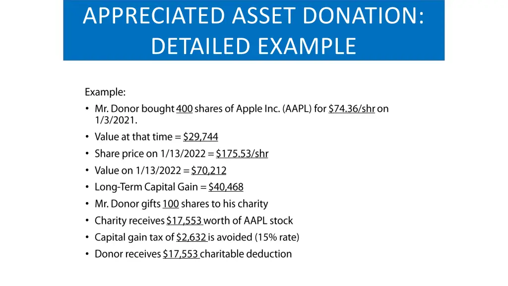 appreciated asset donation detailed example