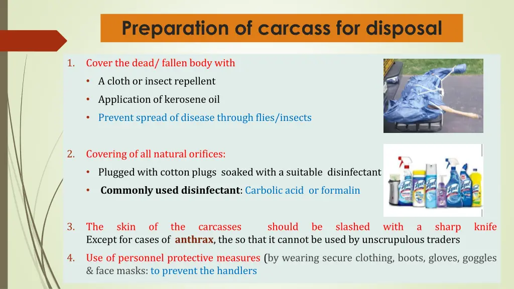 preparation of carcass for disposal