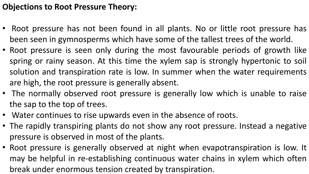 objections to root pressure theory