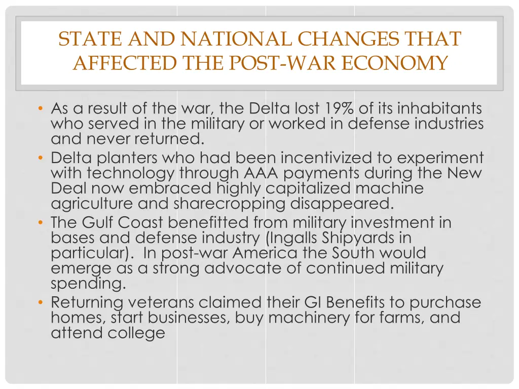 state and national changes that affected the post