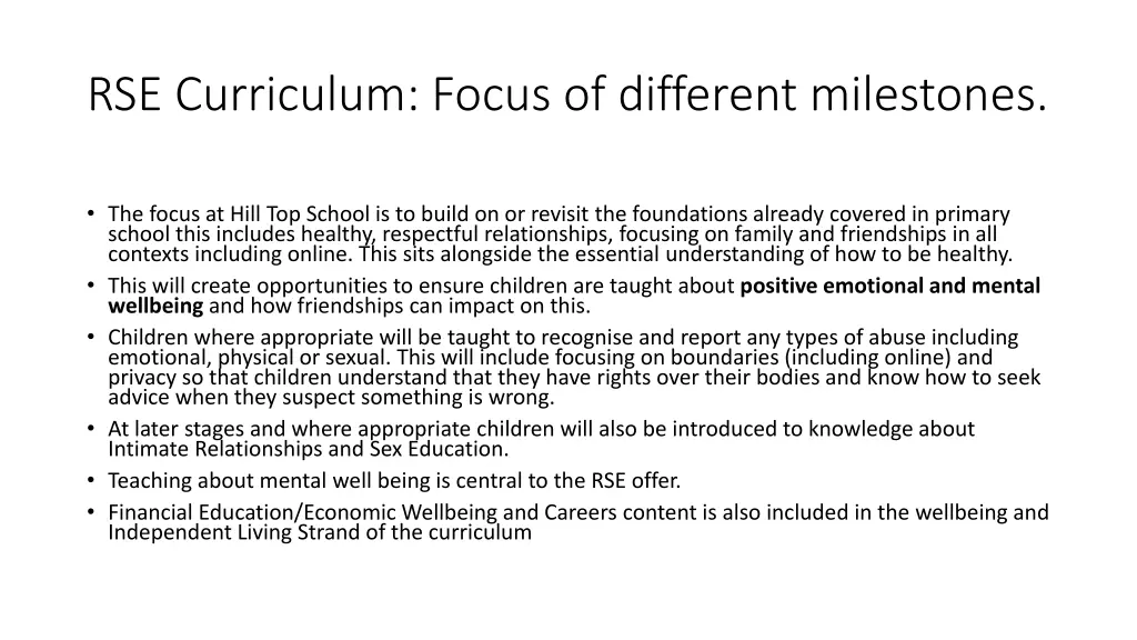 rse curriculum focus of different milestones