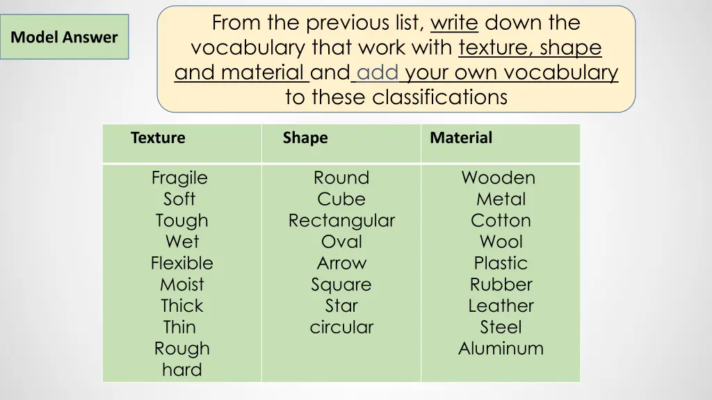 from the previous list write down the vocabulary 1