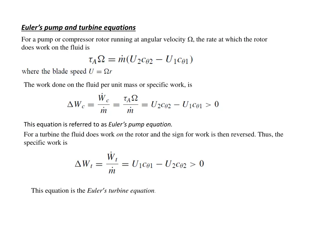 euler s pump and turbine equations for a pump