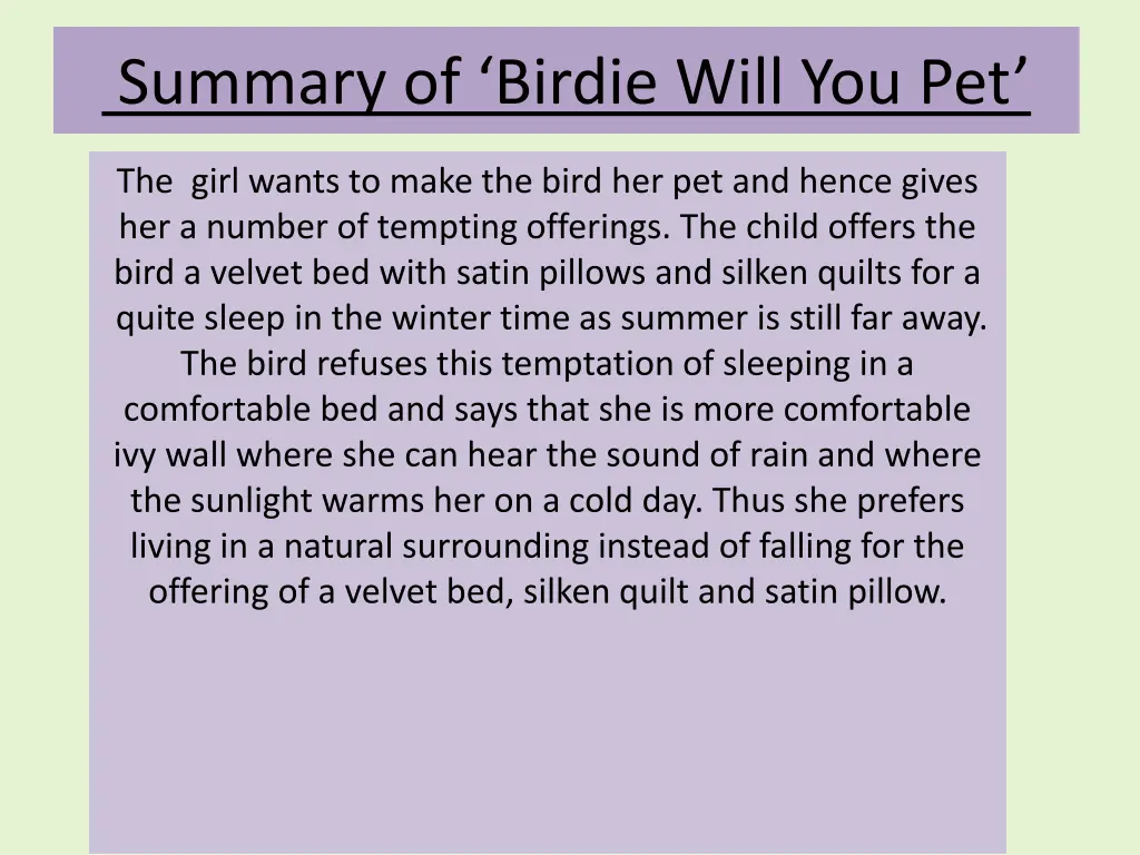 summary of birdie will you pet