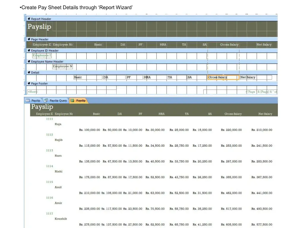 create pay sheet details through report wizard