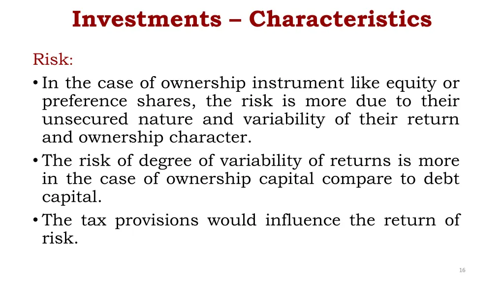 investments characteristics 1