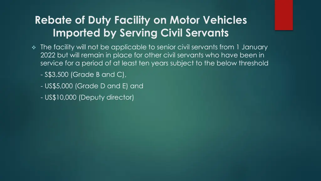 rebate of duty facility on motor vehicles