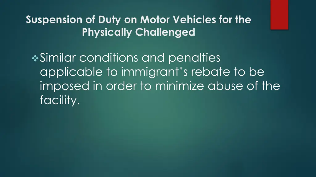 suspension of duty on motor vehicles