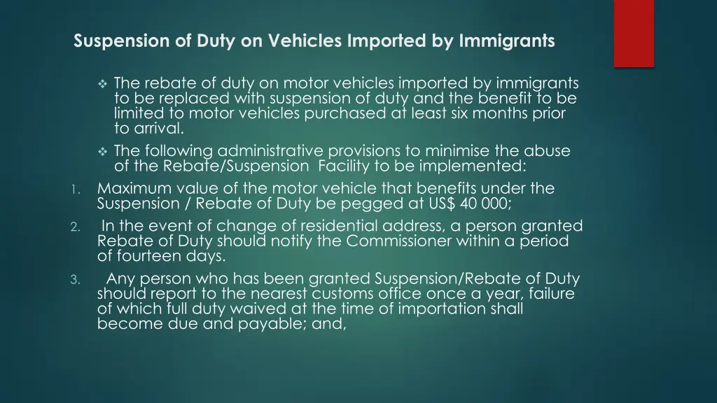 suspension of duty on vehicles imported