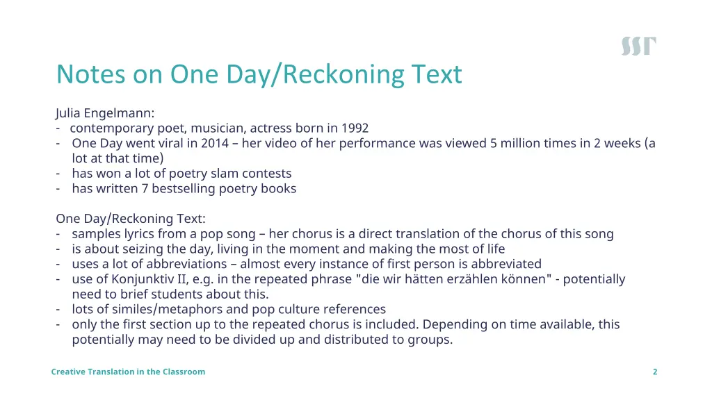 notes on one day reckoning text