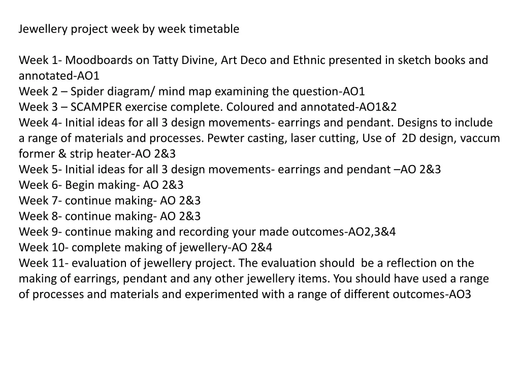 jewellery project week by week timetable