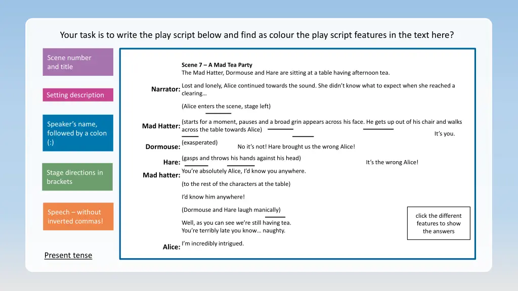 your task is to write the play script below