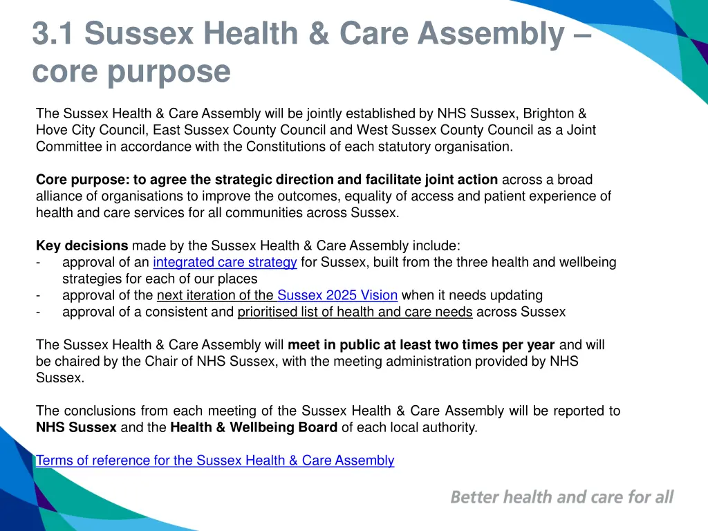 3 1 sussex health care assembly core purpose