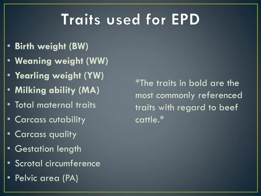 traits used for epd