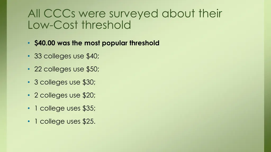 all cccs were surveyed about their low cost