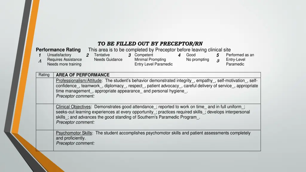 to be filled out by preceptor rn