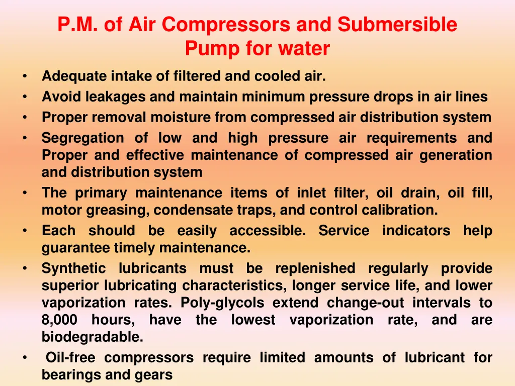 p m of air compressors and submersible pump