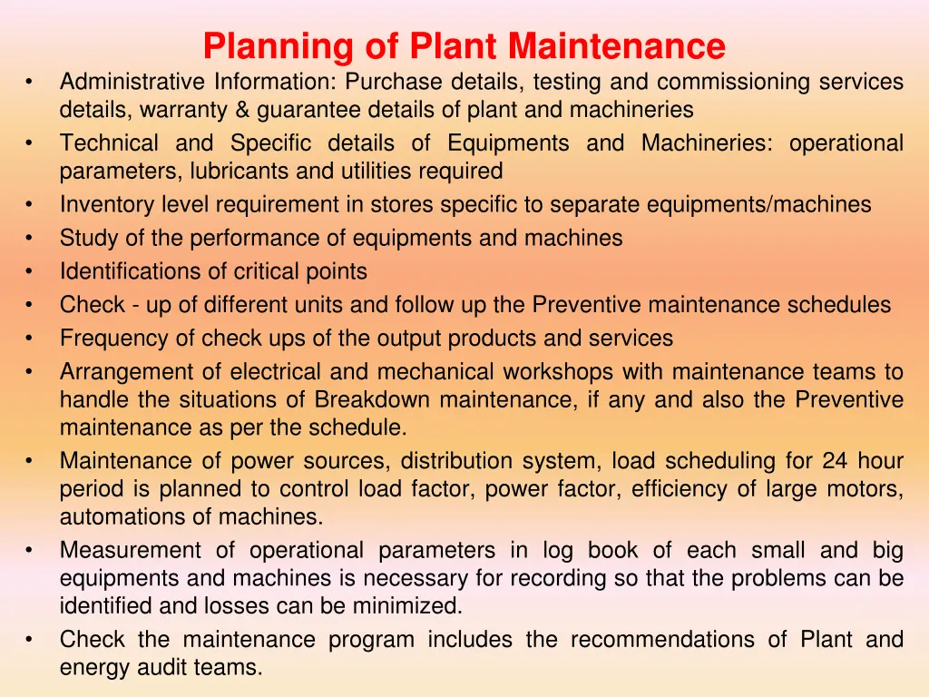 planning of plant maintenance administrative