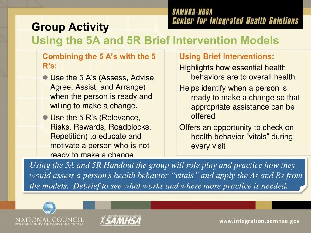 group activity using the 5a and 5r brief