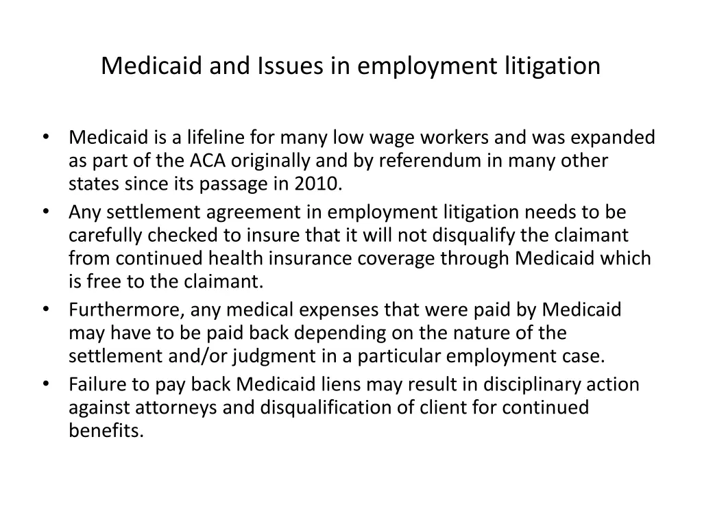 medicaid and issues in employment litigation 1