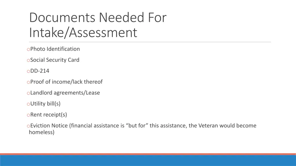 documents needed for intake assessment