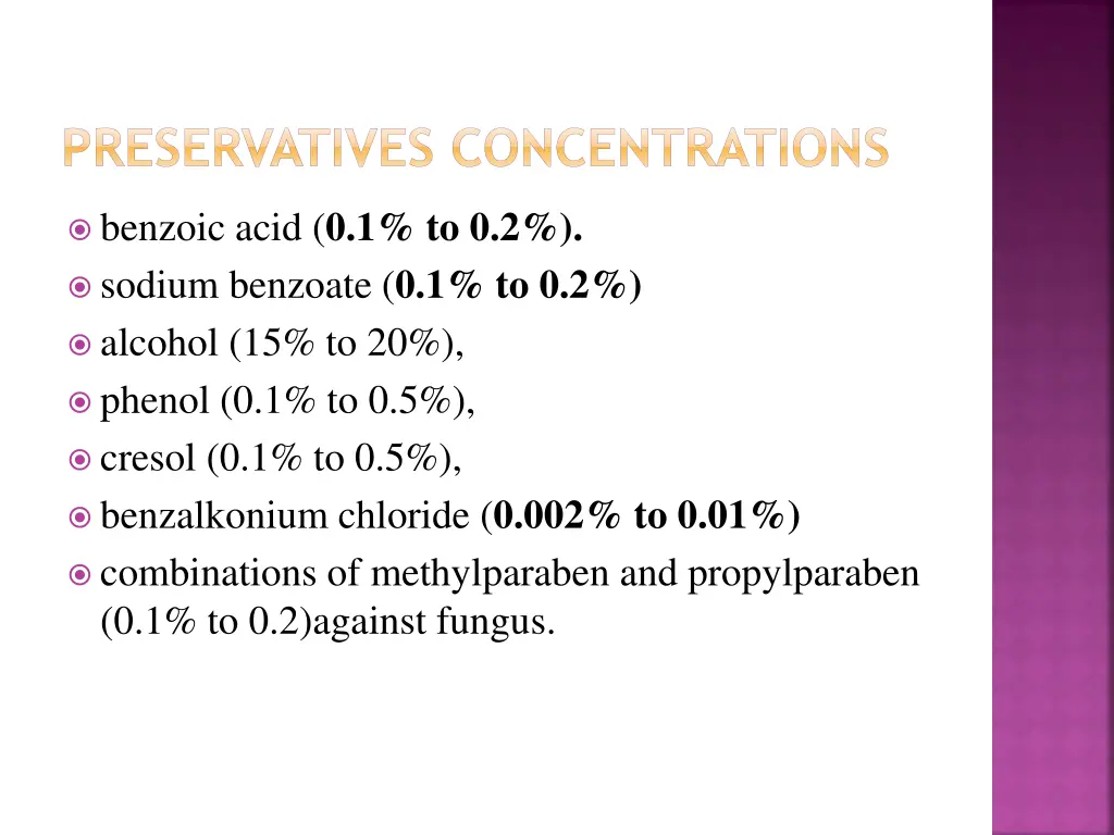 preservatives concentrations