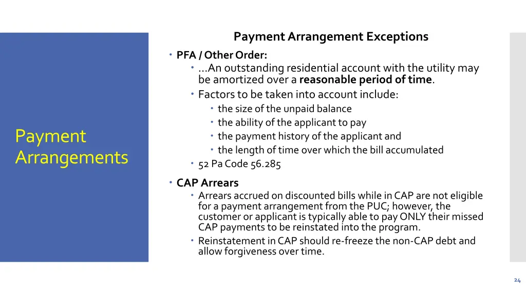 payment arrangement exceptions pfa other order